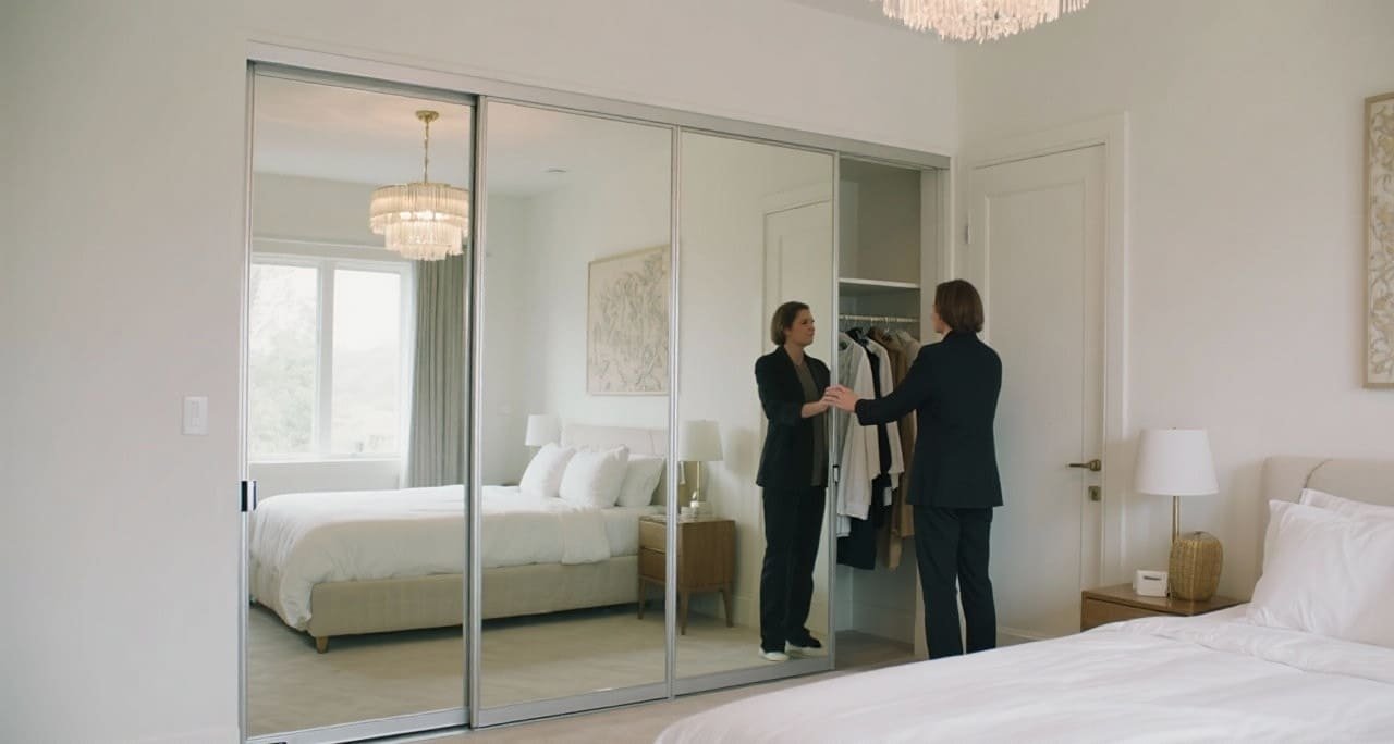 Three different wardrobe door materials: wood, frosted glass, and mirror, shown side-by-side