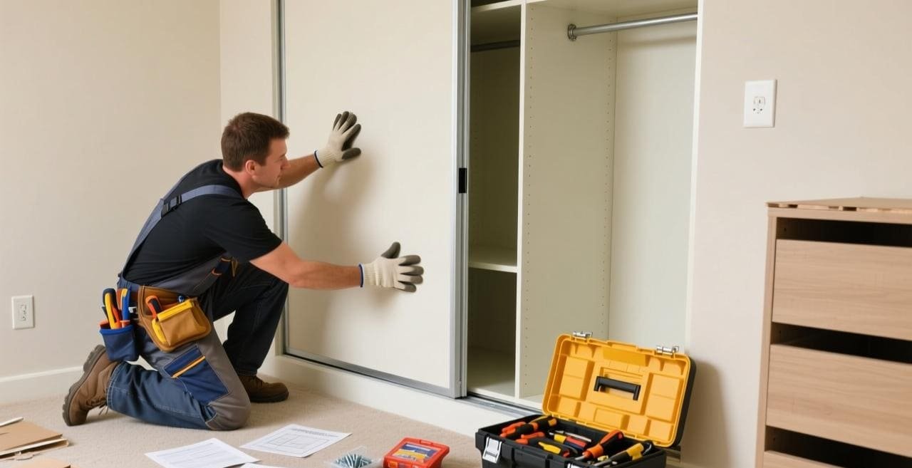 A close-up of a wardrobe sliding door pulley being installed