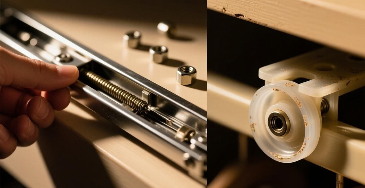 A well-made wardrobe with smoothly sliding doors, highlighting the quality of the hardware.