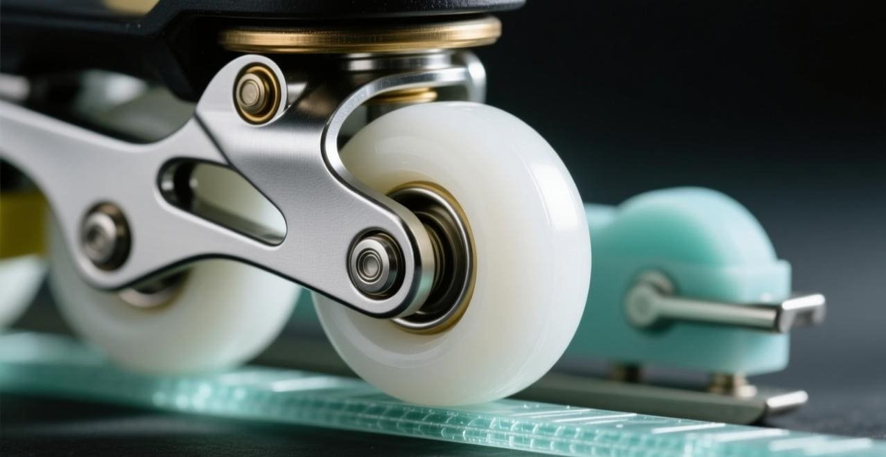 An assortment of individual pulley wheels on a workbench.