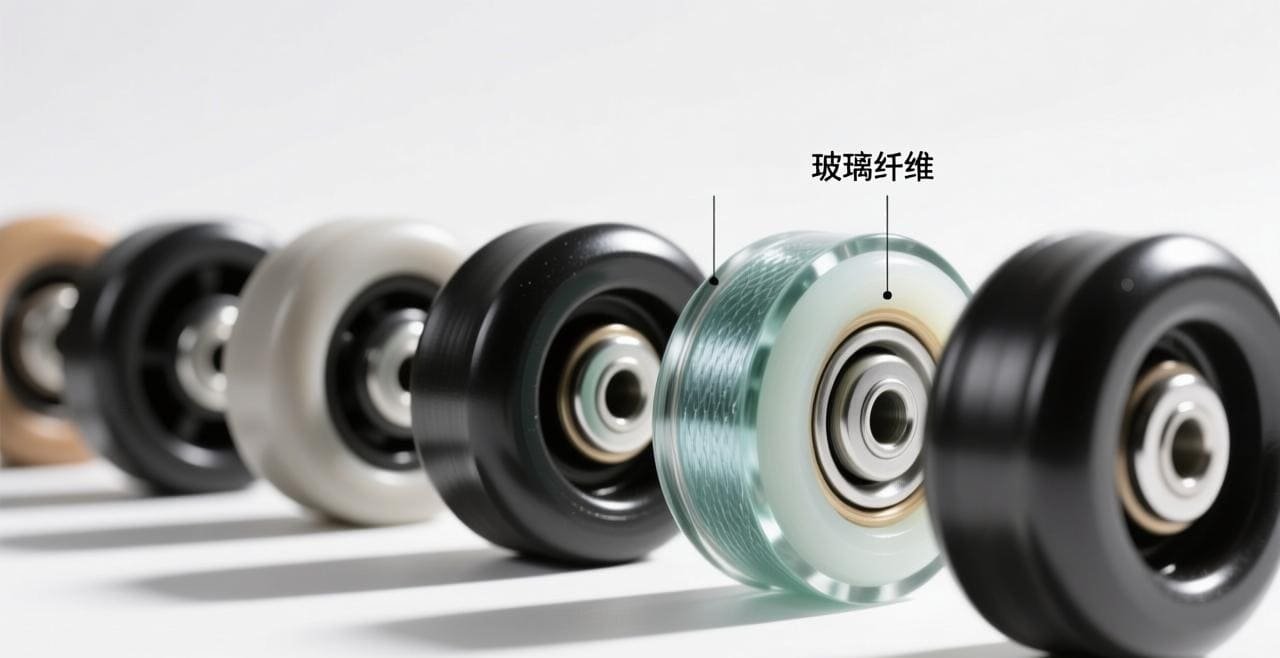 A collection of common nylon and glass fiber sliding door wheels