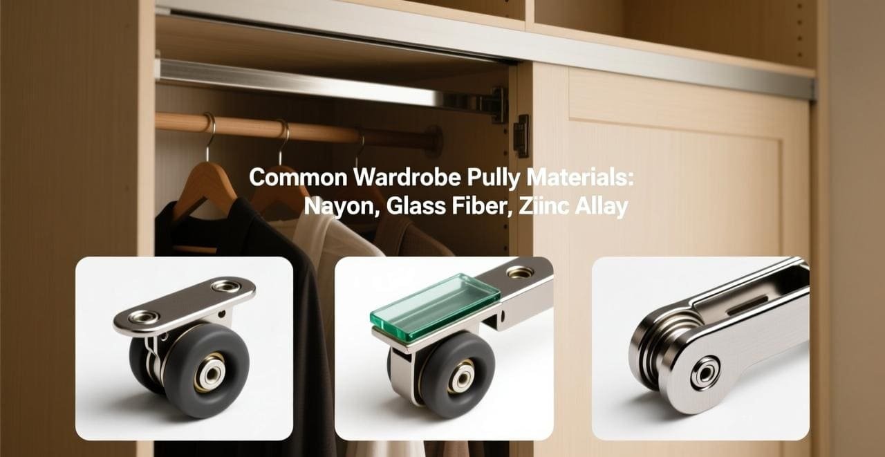 A tray displaying the three most common pulley types: nylon, fiberglass, and zinc alloy.