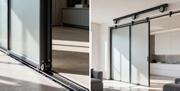 Close-up shot comparing a top-hung rail and a bottom-hung floor track