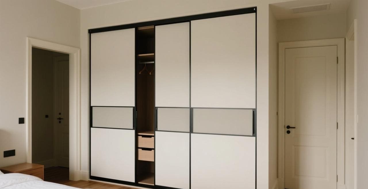 A complete top-hung pulley assembly bolted firmly to the top edge of a wooden door.