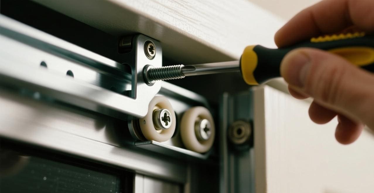 A screwdriver adjusting a screw on a sliding door roller assembly