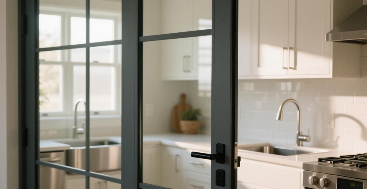 Stylish matte black handle on a sliding glass door
