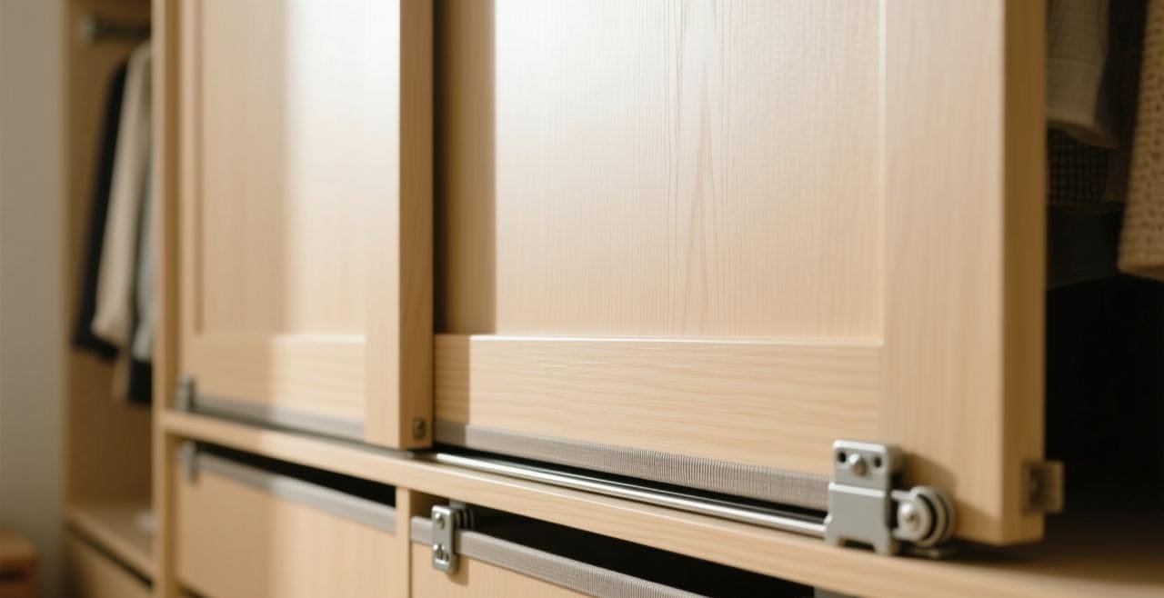 A small, simple white nylon pulley wheel for a lightweight cabinet door.