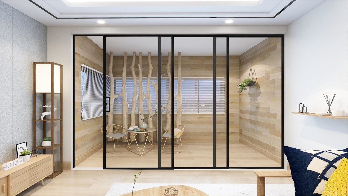A seamless wall with a sliding door that has no visible track