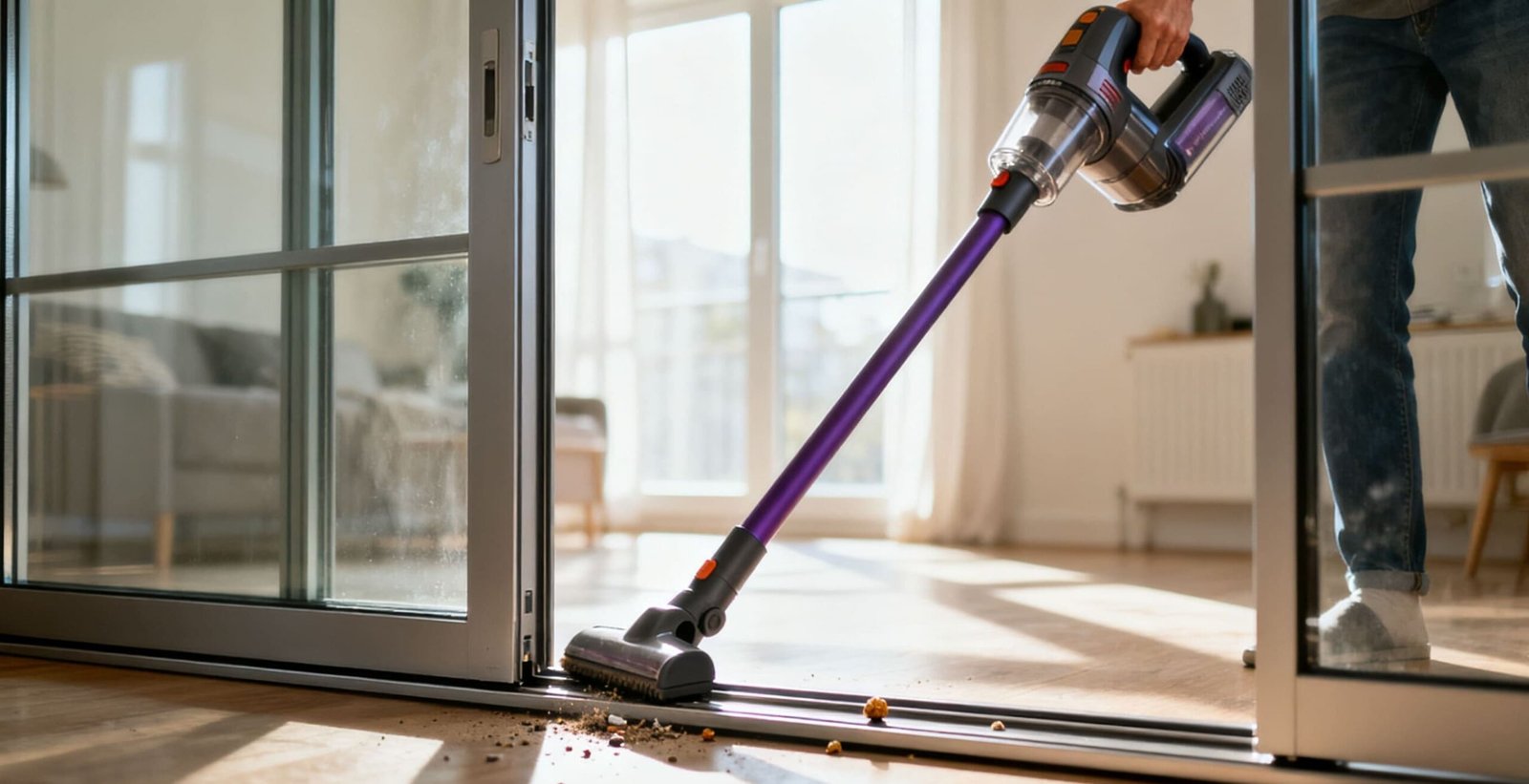 A person cleaning a sliding door track with a vacuum and cloth