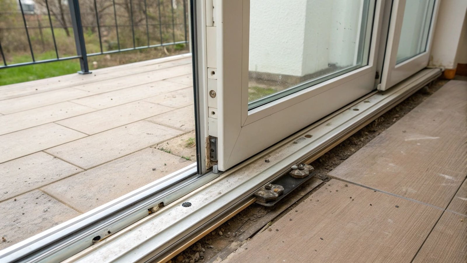 A dirty sliding door track filled with debris and hair