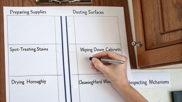 a checklist of cleaning steps next to a clean kitchen