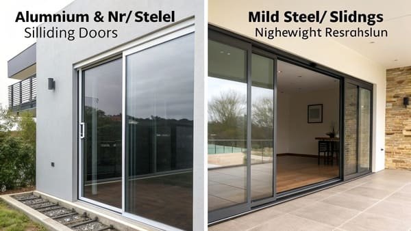 An image showing the sleek profile of an aluminum door next to a rusted piece of mild steel.