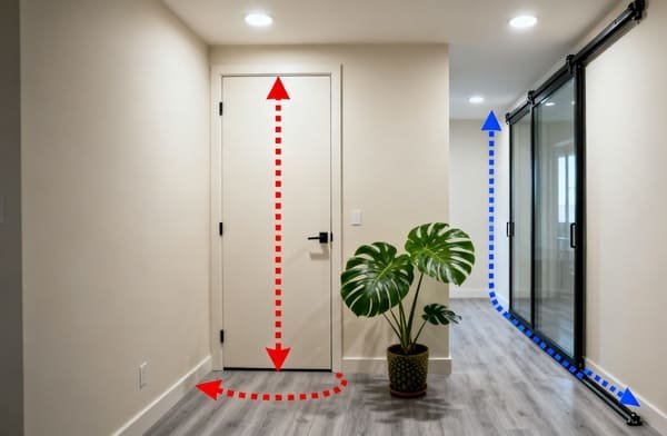 A stylish interior with a large sliding glass door opening to a patio