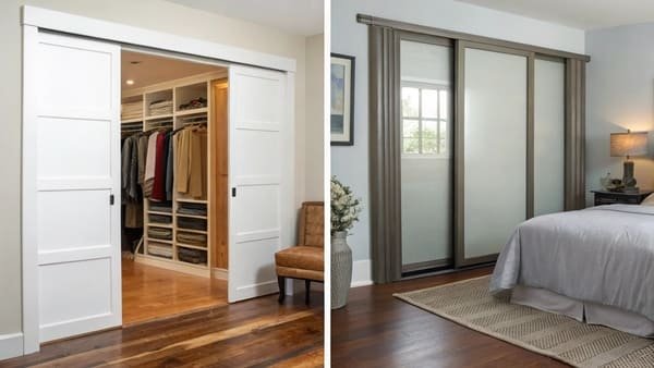A split image showing a wardrobe with sleek sliding doors and a solid hinged front door