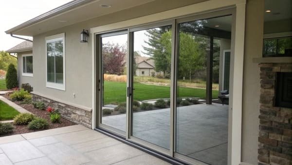 A beautiful sliding patio door opening to a garden