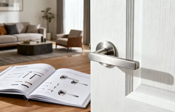 a mood board showing door handles, color swatches, and material samples