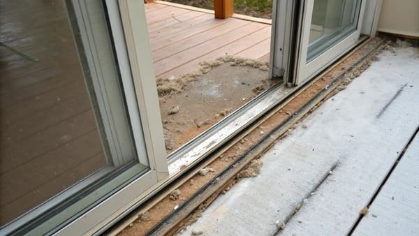 A person struggling to open a stiff and jammed sliding door
