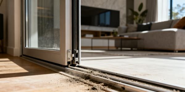 A person looking frustrated while trying to fix a jammed sliding door.