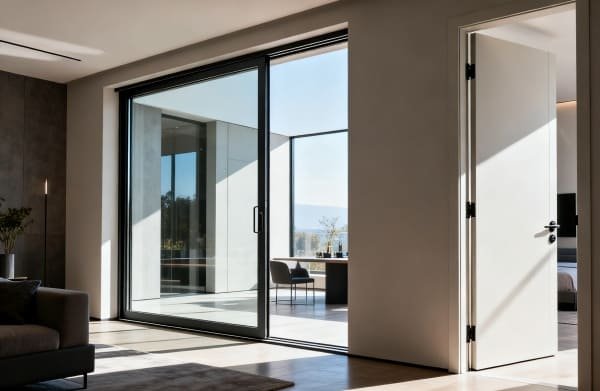 A modern living room with a large glass sliding door and a classic bedroom with a traditional hinged door