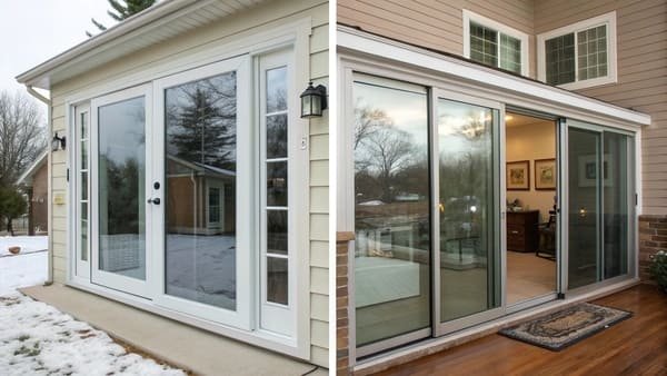 An illustration comparing the thicker frame of a vinyl door to the slim frame of an aluminum door.