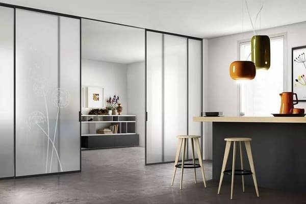 A minimalist room with a ghost sliding door that appears to float