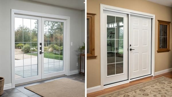 A calculator and a measuring tape next to a selection of door hinges and sliding door rollers