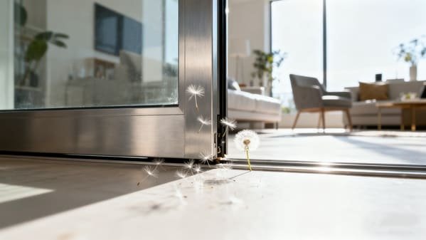 a person inspecting a sliding door track for issues