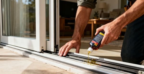 A can of WD-40 next to a sliding door track with a red X over it