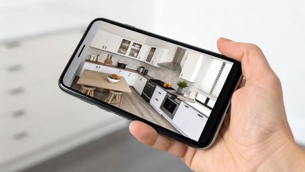 a person using a tablet to design a kitchen layout with a 3D modeling app