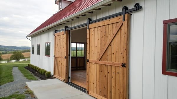 A level tool placed on a barn door track to check for straightness