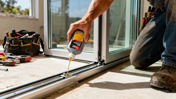 Close-up of lubricating a sliding door roller with a precision straw