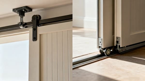 A close-up of a top-hung sliding door track and a bottom-rolling sliding door track