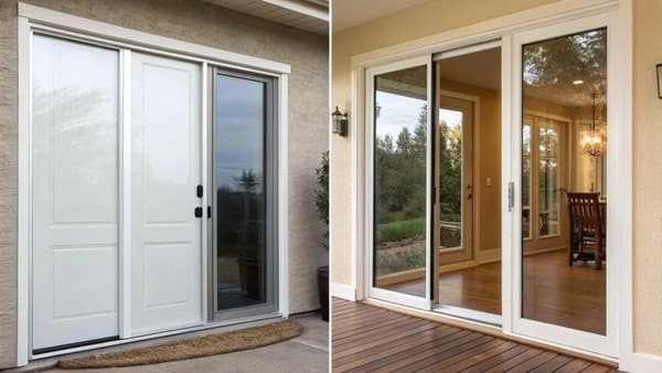 A side-by-side comparison of a vinyl sliding door and a fiberglass sliding door.