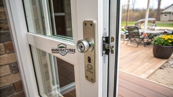 Close-up of a logo on a sliding door frame