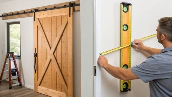 A person using a tape measure on a wall next to a doorway