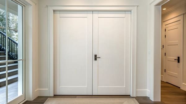 A sleek, white flush door in a modern hallway.