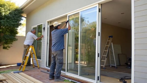 A contractor installing a sliding glass door