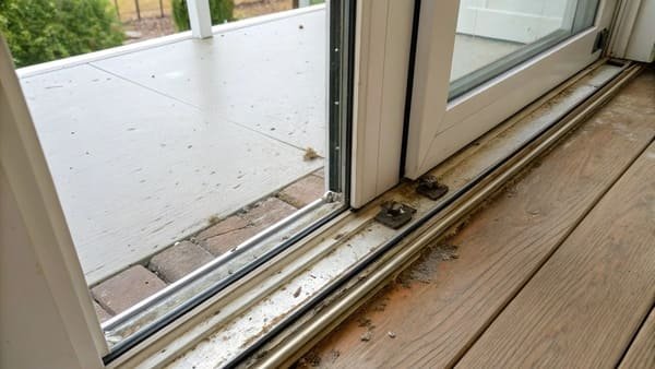 A closeup of a derailed sliding door wheel off its track