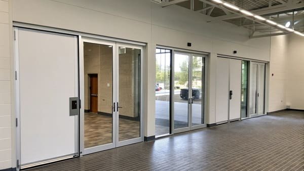 Infographic comparing the space needed for a swing door, a sliding door, and a PD door