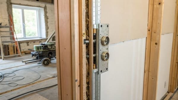 A diagram showing the complex frame of a pocket door inside a wall