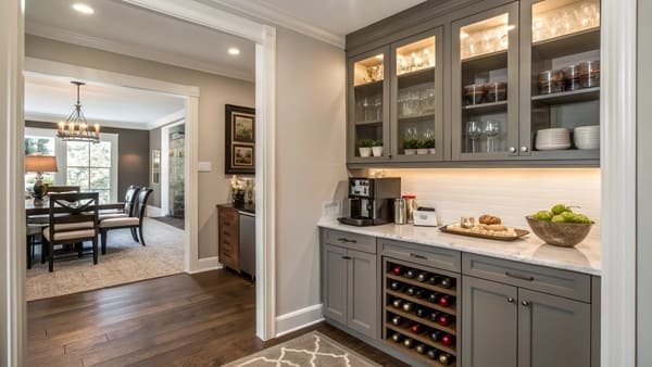 a modern butler's pantry with a wine fridge and coffee station between a kitchen and dining room