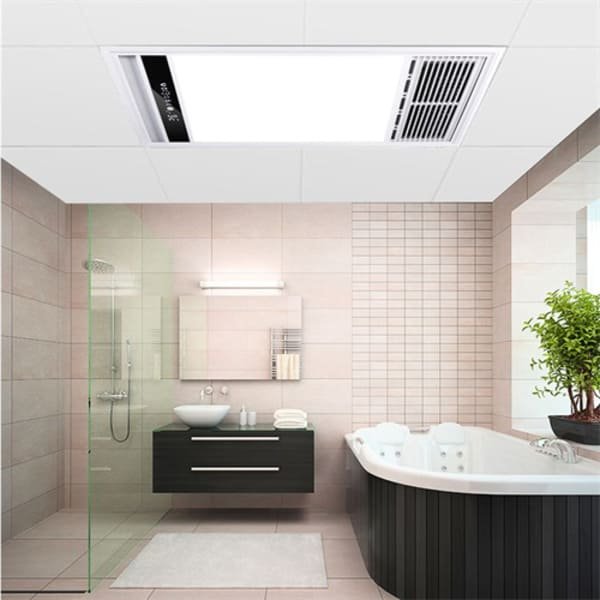An exhaust fan vent on a bathroom ceiling