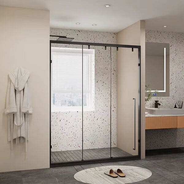 A stylish bathroom with a frosted glass sliding barn door