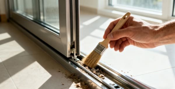 A person cleaning a sliding door track with a brush
