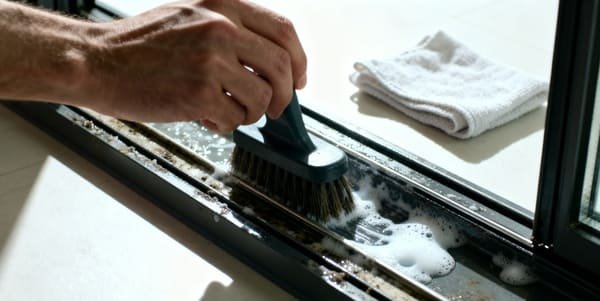 A person cleaning a sparkling clean sliding glass door