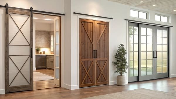 A collection of different sliding door styles, including a rustic barn door, a modern glass panel, and a classic wooden door.
