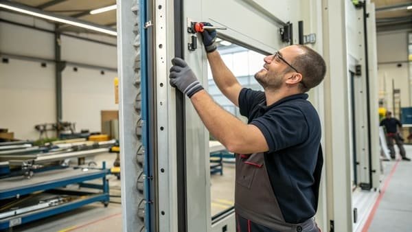 Close-up of an adjustment screw on a sliding door roller assembly