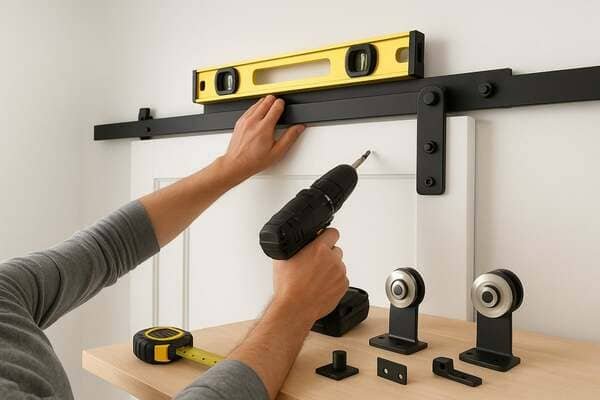 Close-up of a barn door roller on a track