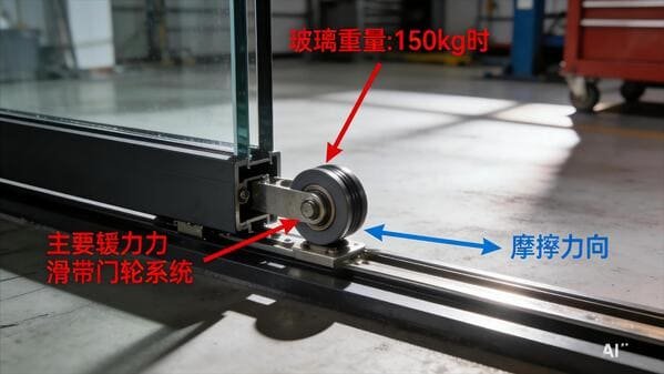 A diagram showing the forces acting on a sliding door pulley system with different glass weights.