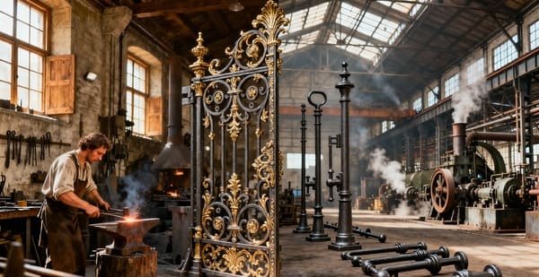 An ornate cast-iron door handle from the Industrial Revolution era.